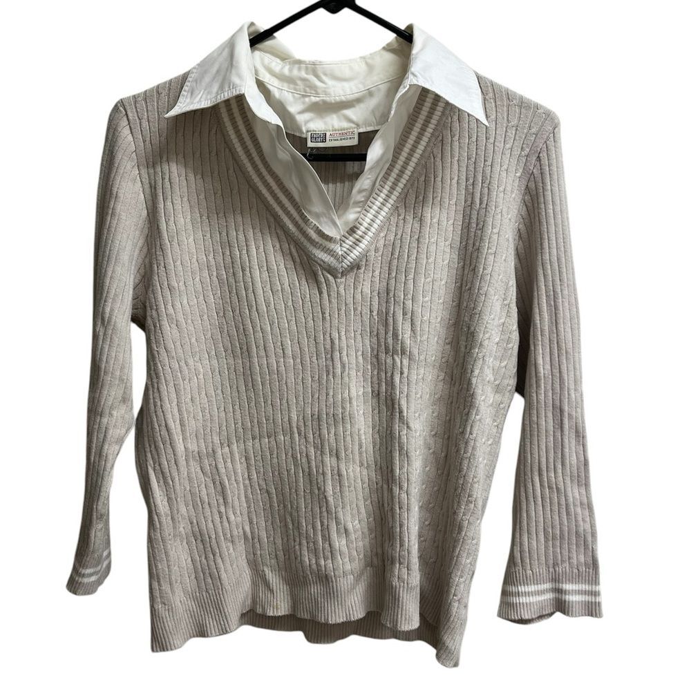 VTG Y2K Faded Glory Preppy Beige and White Collared V-Neck Knit Sweater SZ M